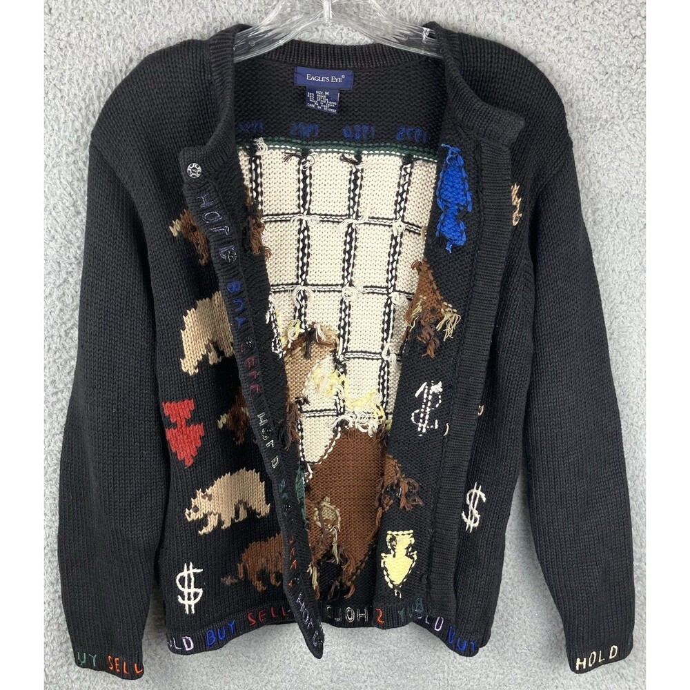 VTG Y2K Eagle's Eye Stock Market Snap Cardigan M Bulls Bears Buy-Sell-Hold RARE - Picture 4 of 12